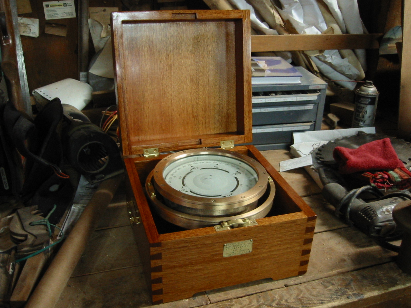 Navy compass box showing gimballed compass